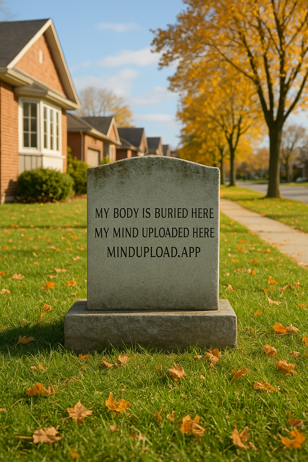 A tombstone engraved with 'My body is buried here. My mind uploaded here.'